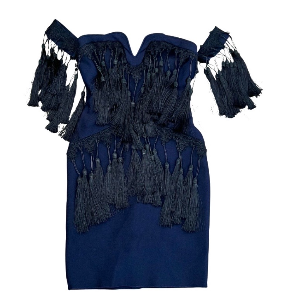 Luxe Tassel Off The Shoulder Blue Dress Size Small